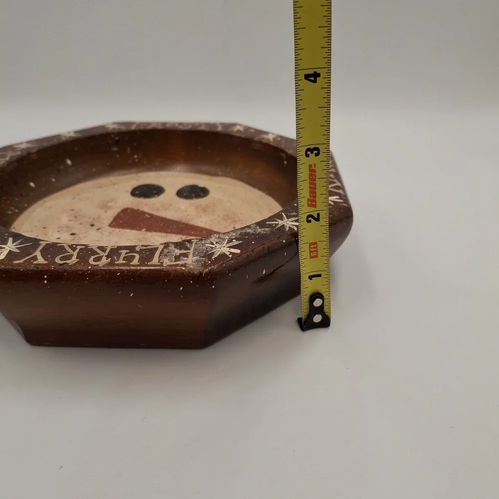 Vintage Octagon Wooden Snowman Bowl Dish Frosty Flurry Snowman Decor Rustic 8 In